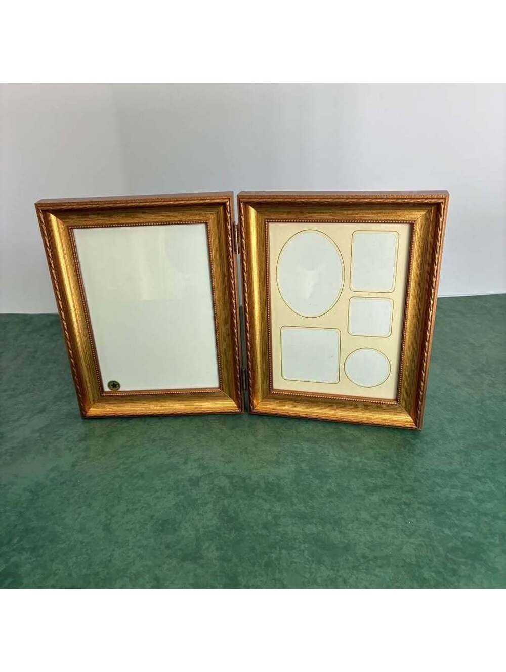 Vintage USA Wooden Hinged Double Collage Picture Frame Foldable Tabletop Gold